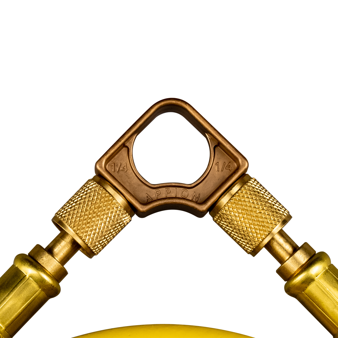 Appion HH1438 Hose Hanger connected to 1/4 inch and 3/8 inch hose fittings