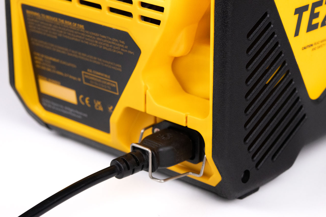 Close up of the locking IEC power cord connection on the TEZ6