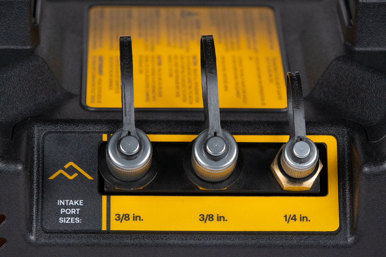 Close up of the TEZ6 three input fittings showing two 3/8 inch ports and one 1/4 inch port