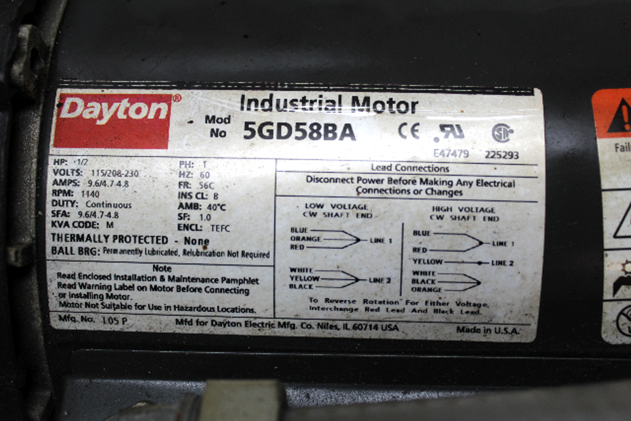 Dayton 5GD58BA Industrial Motor 1/2HP, 1140RPM w/6K233D Magnetic Disc Brake