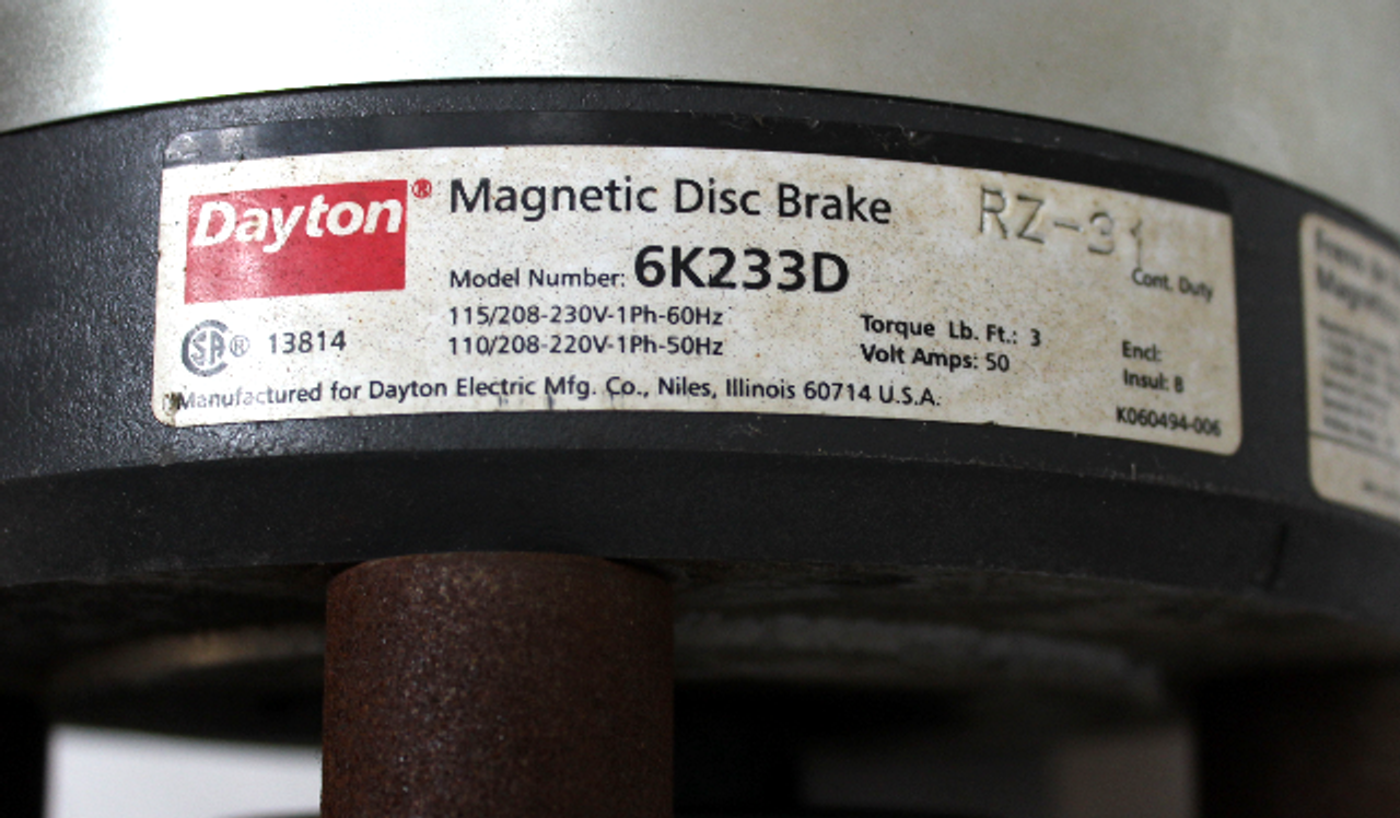 Dayton 5GD58BA Industrial Motor 1/2HP, 1140RPM w/6K233D Magnetic Disc Brake