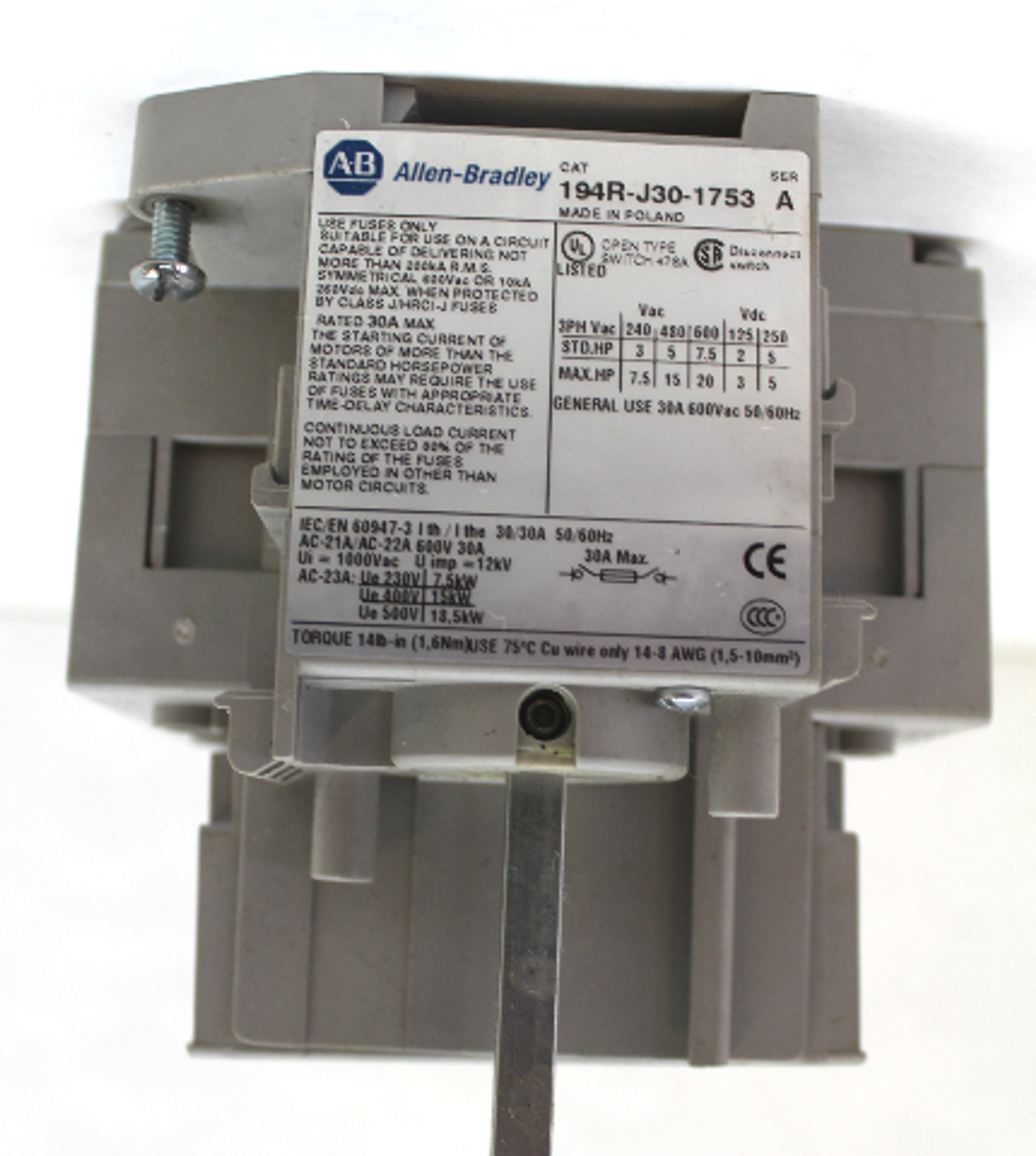 Allen Bradley 194R-J30-1753 Ser. A Disconnect Switch, 3 Pole 30A