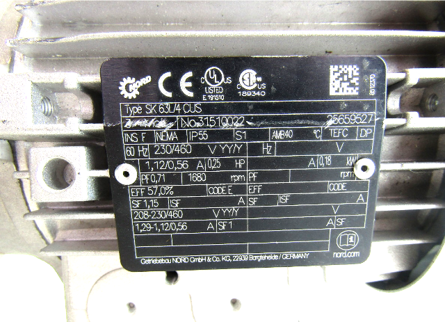 Nord Gear SK 1SI40IEC7171L/4 CUS Gear Motor, 0.5Hp, 57 RPM, 208460V TEFC