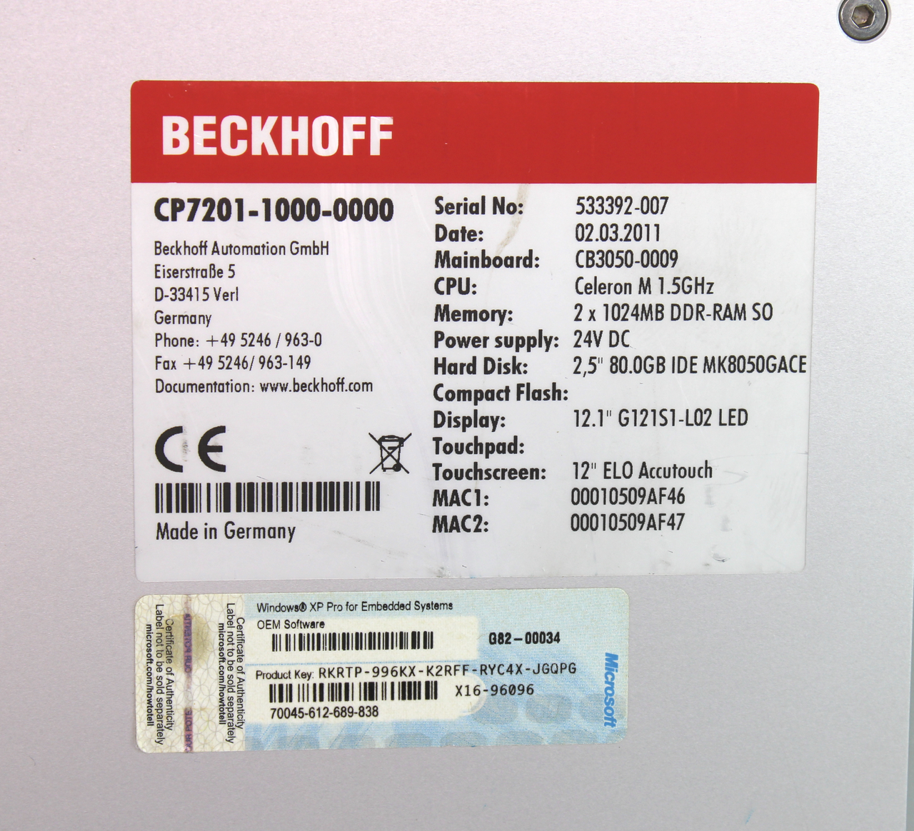 Beckhoff CP7201-1000-0000 Industrial PC Windows XP 1.5 GHz CPU 12.1" LED