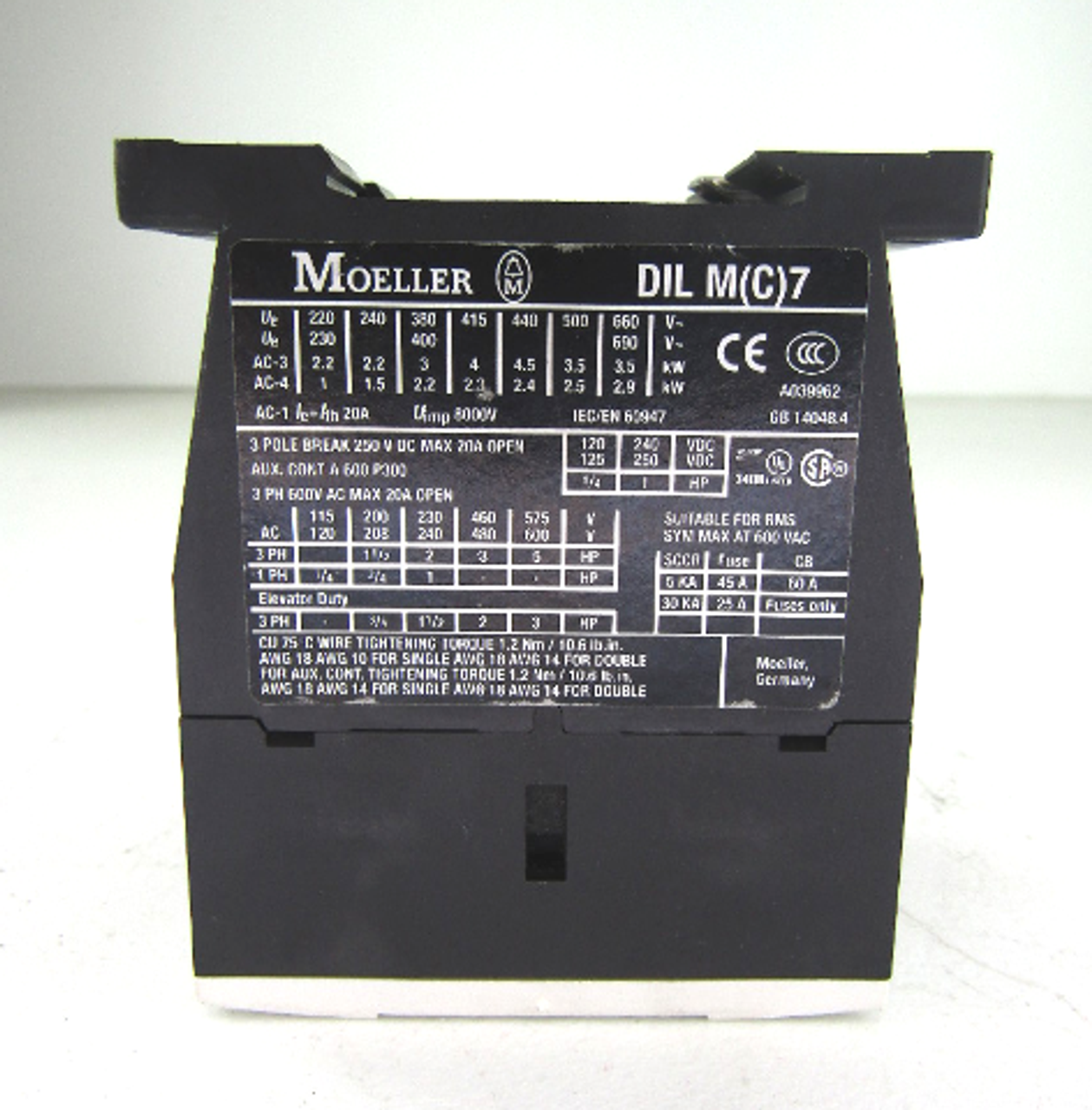 Moeller DIL M(C) 7 Contactor, 3 Pole 250 VDC, 20A