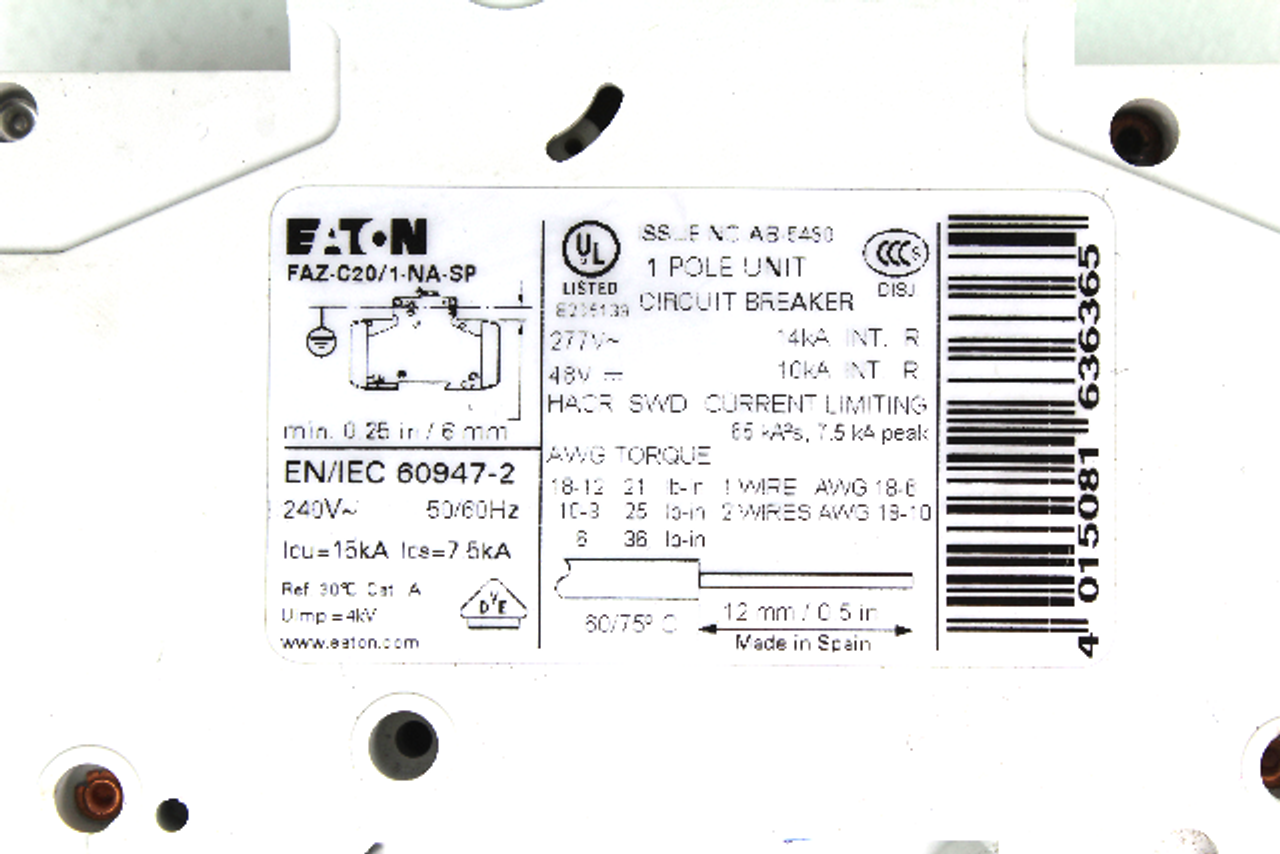 Eaton FAZ-C20/1-NA-SP Circuit Breaker, 1-Pole, 20 Amp, 240V, 50/60Hz