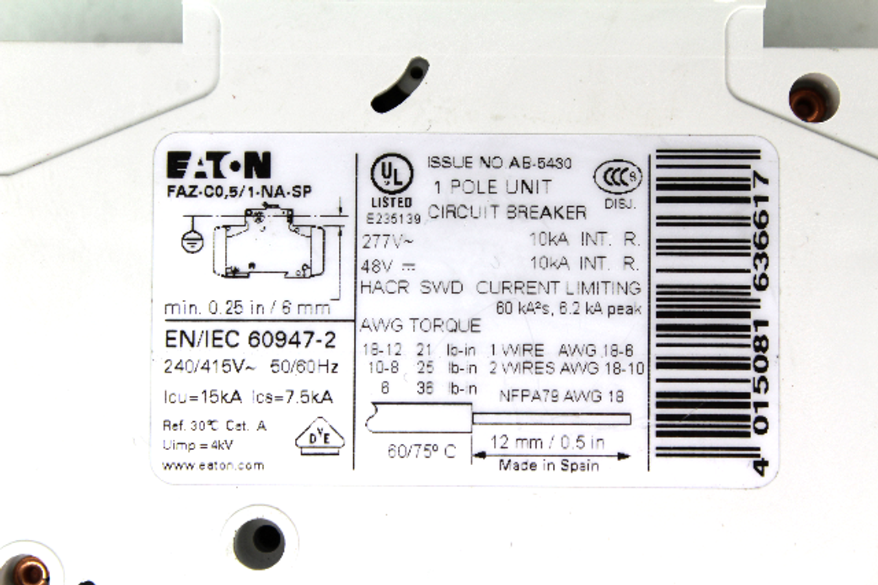 Eaton FAZ-C0.5/1-NA-SP Circuit Breaker, 1-Pole, 240/415V, 50/60Hz