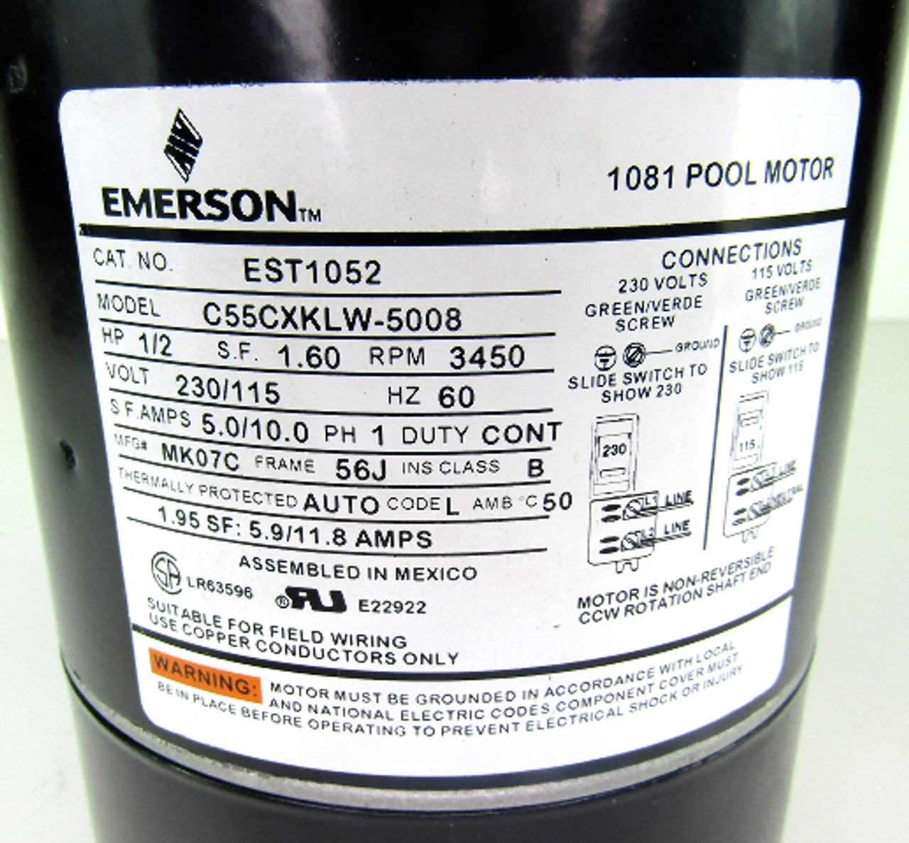 Emerson C55CXKLW-5008, 1081 Pool Motor, 1/2HP, 3450RPM, 230/115V