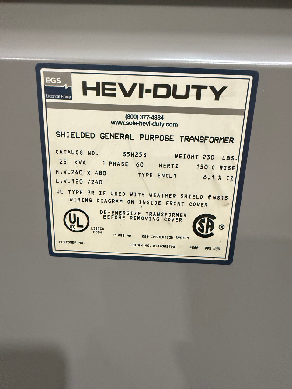 EGS Hevi-Duty 25Kva Transformer 240/480V x 120/240V 1 Phase  Type 1