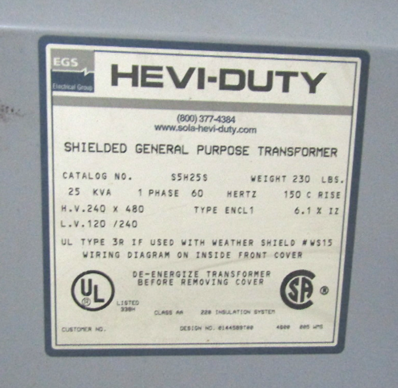 Sola Hevi-Duty S5H25S Shielded General Purpose Transformer, 25KVA