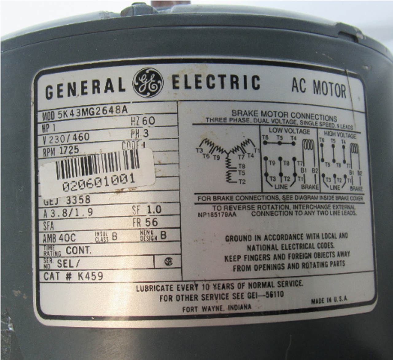 General Electric 5K43MG2648A AC Motor w/ Stearns 1-055-511-00-BQF Disc Brake, 3-Phase, 1Hp, 230/460V, 1725 RPM, 3.8/1.9 A