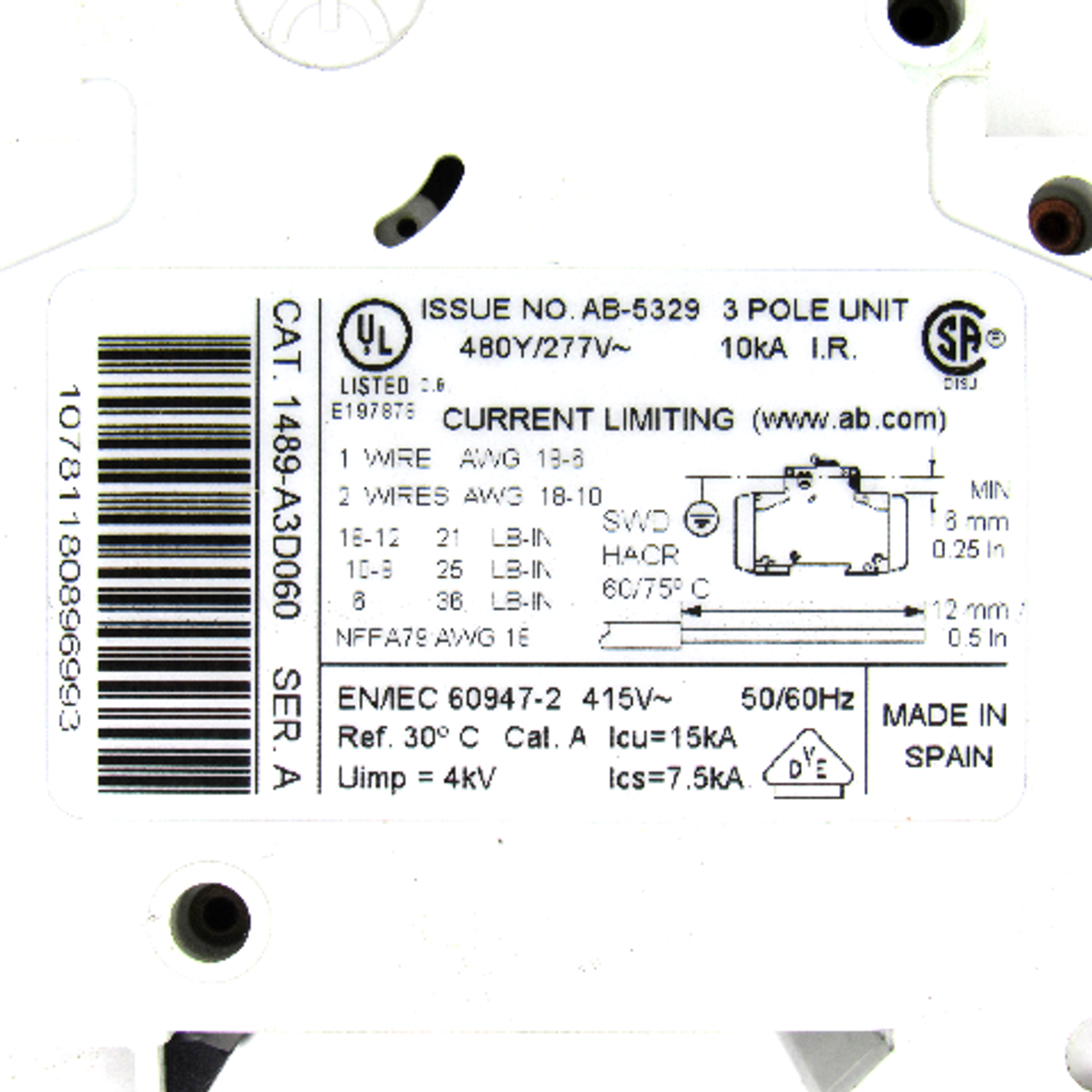 Allen Bradley 1489-A3D060 Ser. A Circuit Breaker, 3-Pole, 6 Amp, 480Y/277V