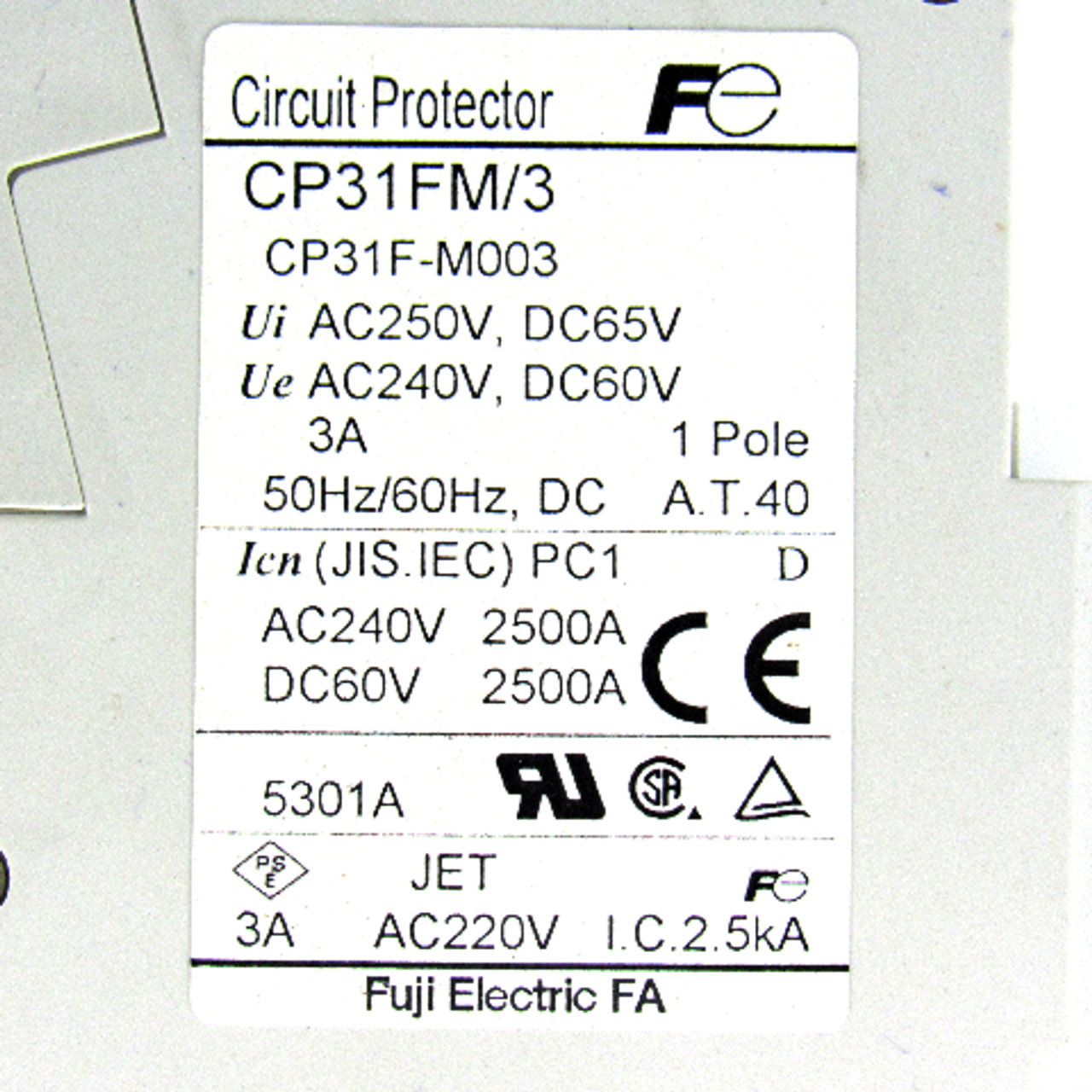 Fuji Electric CP31FM/3 Circuit Breaker, 3 Amp, 1-Pole, 250V AC, 65V DC