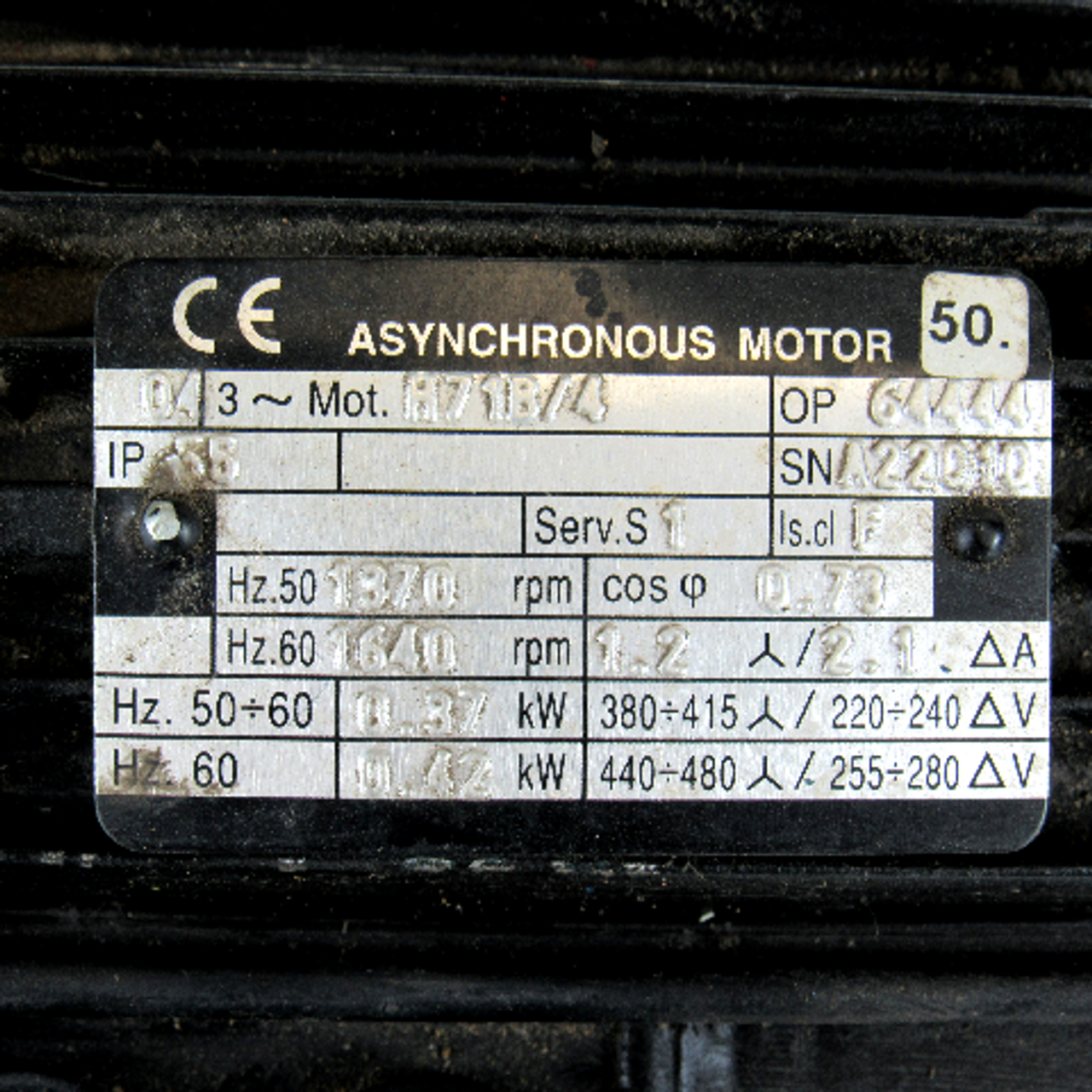 Bonora H71B/4 OP. 64444 Asynchronous Motor, 3-Phase, 50/60Hz, 1370~1640 RPM, 1.2/2.1 Amp, 0.37/0.42 kW, 380-415/220-240, 440-480/255-280V
