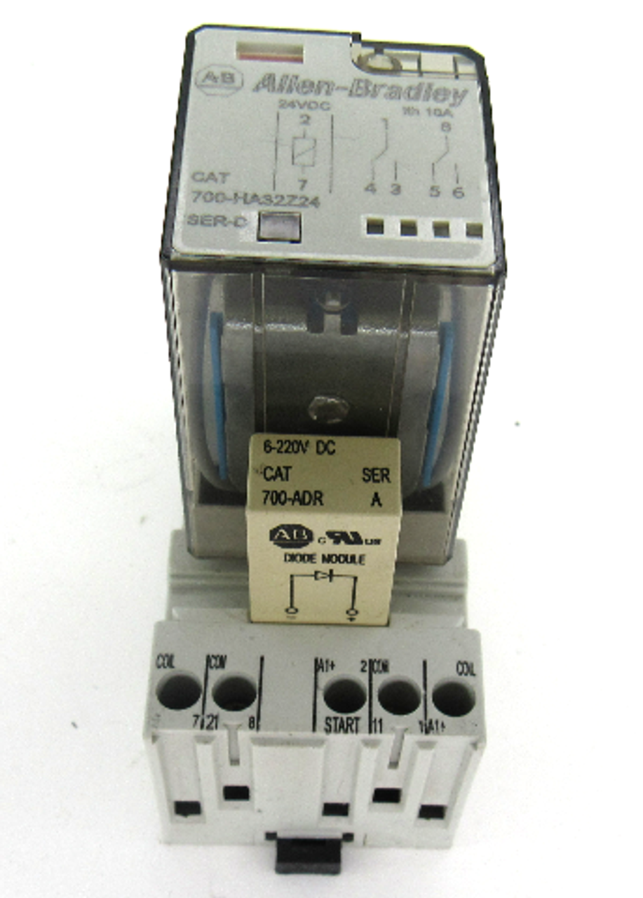 Allen Bradley 700-HAX2Z24 Ser. D General Purpose Relay, 24V DC, 6 Amp w/ 700-HN204 Ser. A Relay Socket