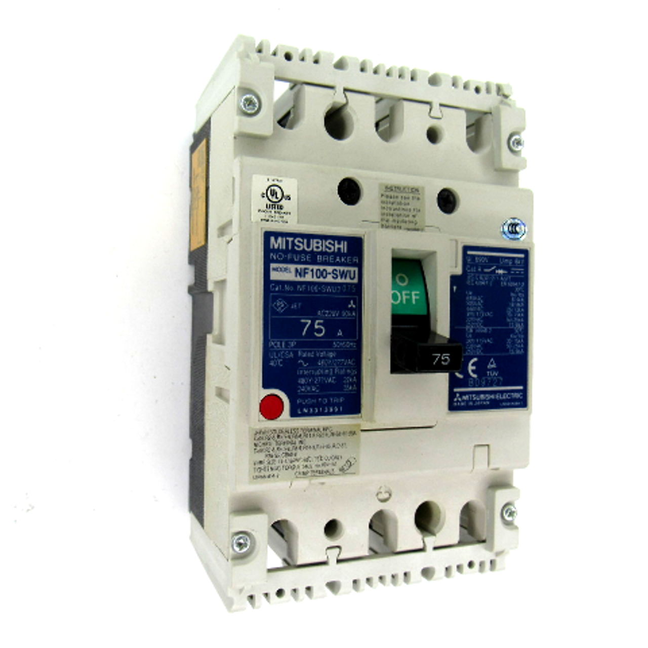 Mitsubishi NF100-SWU3075 No-Fuse Circuit Breaker, 3-Pole, 75 Amp, 50/60Hz, 220V AC, New in Box!