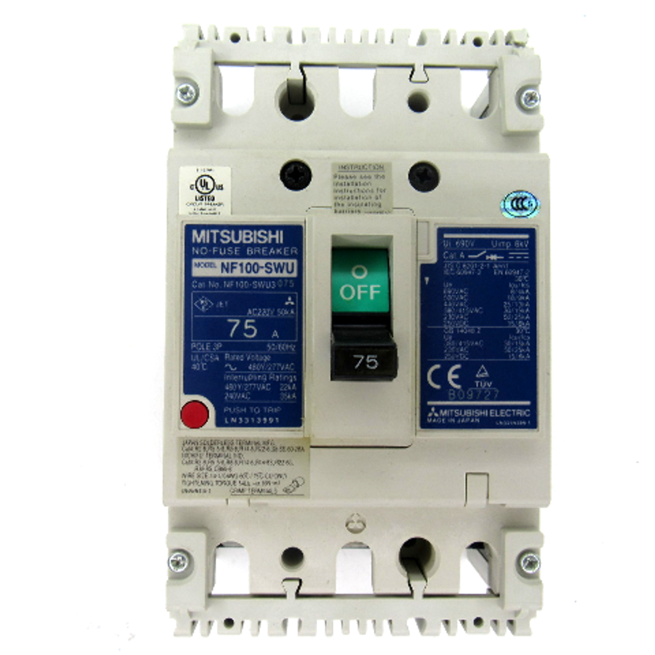 Mitsubishi NF100-SWU3075 No-Fuse Circuit Breaker, 3-Pole, 75 Amp, 50/60Hz, 220V AC, New in Box!