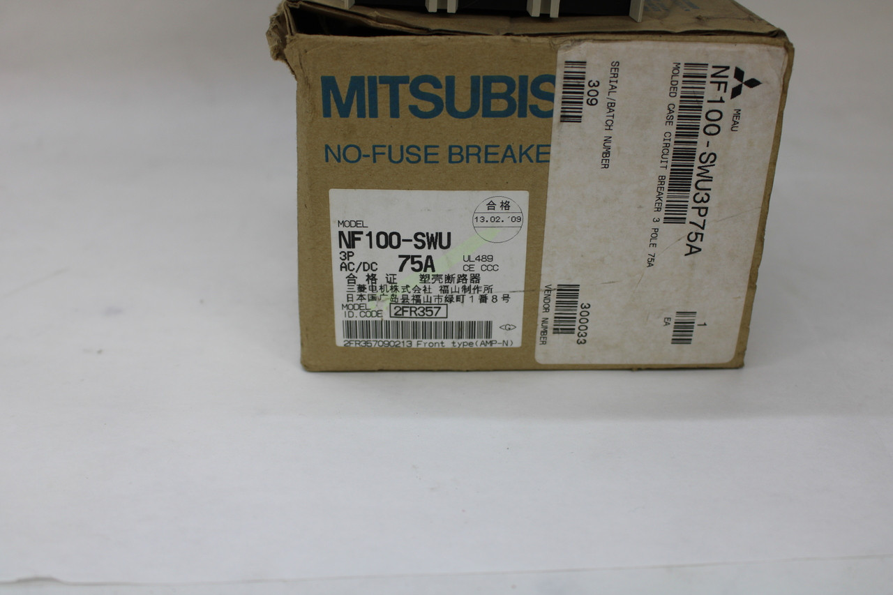 Mitsubishi NF100-SWU3075 No-Fuse Circuit Breaker, 3-Pole, 75 Amp, 50/60Hz, 220V AC, New in Box!