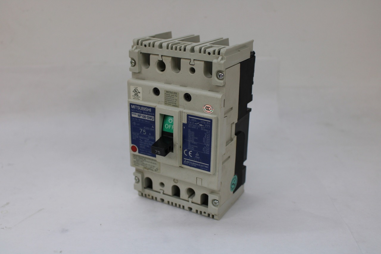 Mitsubishi NF100-SWU3075 No-Fuse Circuit Breaker, 3-Pole, 75 Amp, 50/60Hz, 220V AC, New in Box!