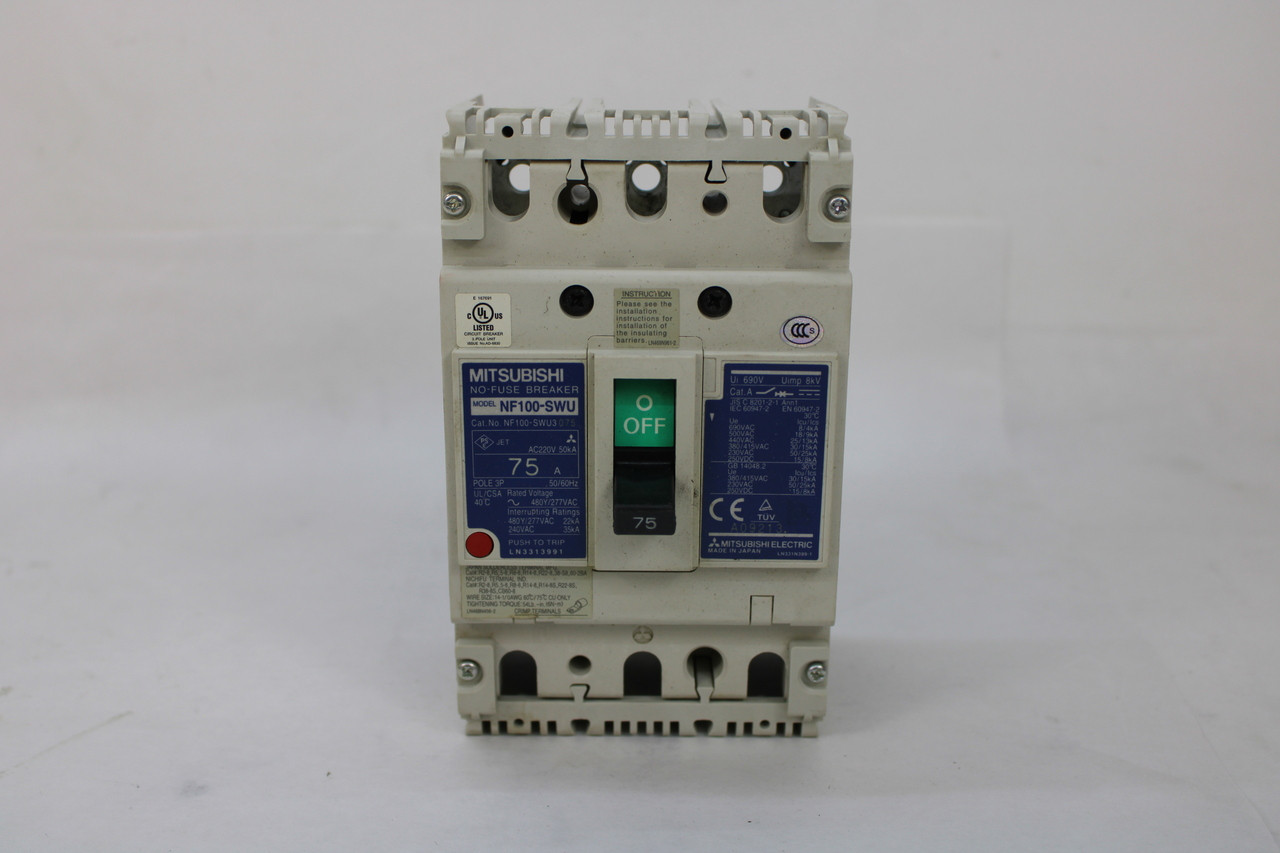 Mitsubishi NF100-SWU3075 No-Fuse Circuit Breaker, 3-Pole, 75 Amp, 50/60Hz, 220V AC, New in Box!