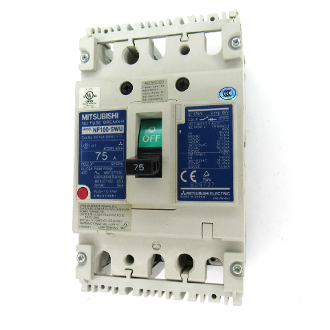 Mitsubishi NF100-SWU3075 No-Fuse Circuit Breaker, 3-Pole, 75 Amp, 50/60Hz, 220V AC, New in Box!