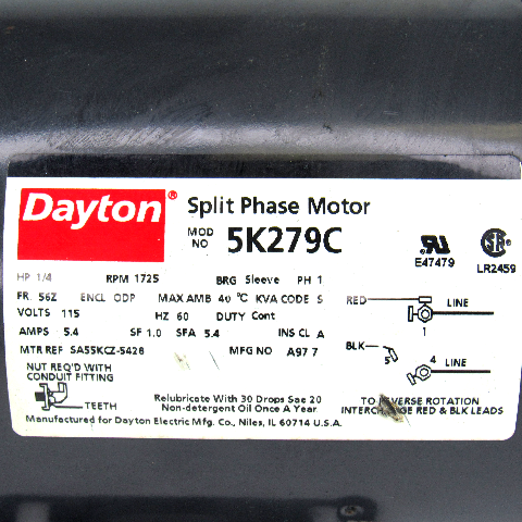Dayton 5K279C Split Phase Motor, 1/4 HP, 1725 RPM, 1-Phase, 115 Volts,  60Hz, 5.4 Amp