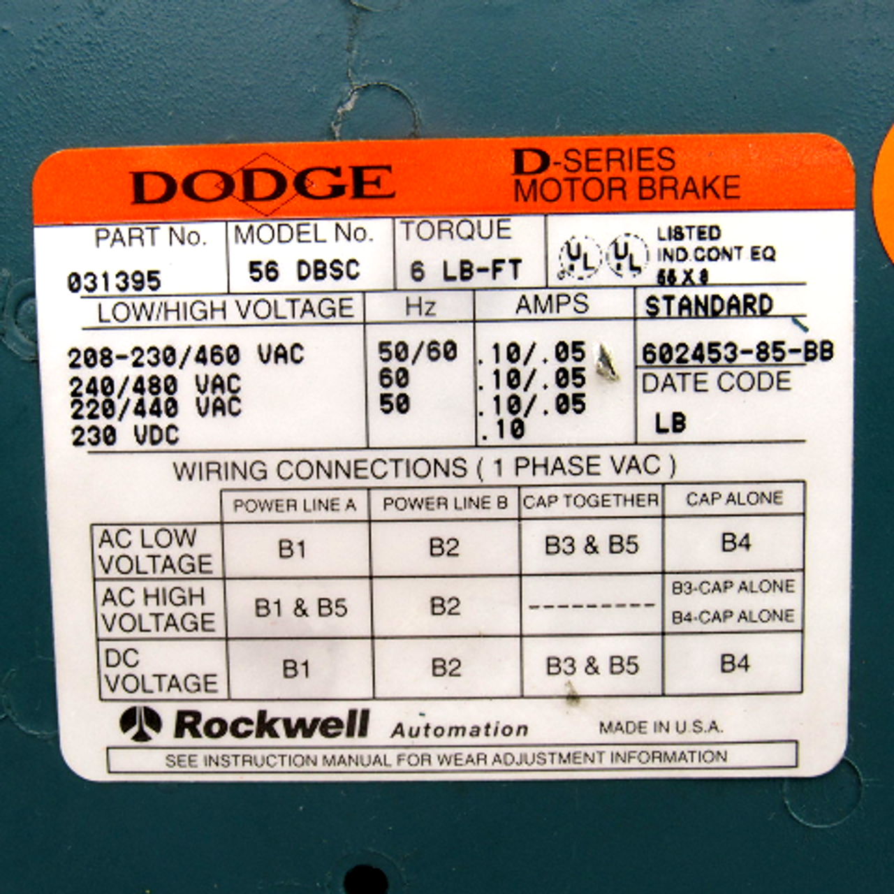 Reliance Electric P14H7206N AC Motor, 3-Phase, 1HP, 1725RPM, 208-230/460-480V w/ Dodge 031395 Motor Brake, 6LB Torque, 208~480V AC, 230V DC