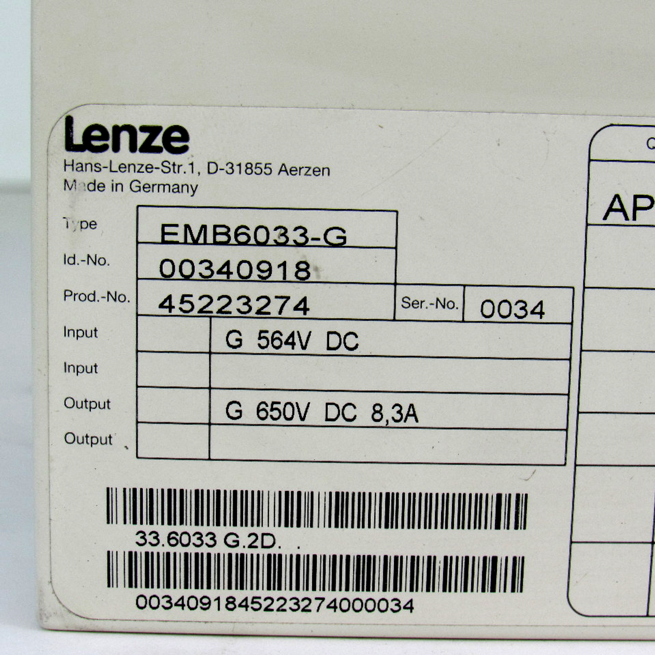 Lenze EMB6033-G Brake Chopper/Brake Module, Input: 564V DC, Output: 650V DC, 8,3A