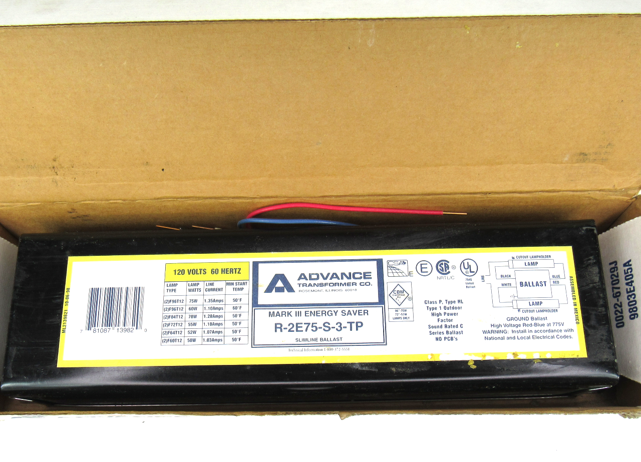 Advance Transformer, R2E75S3TP Mark III Energy Saver Slimline Ballast, 120V AC, 1.45 Amp
