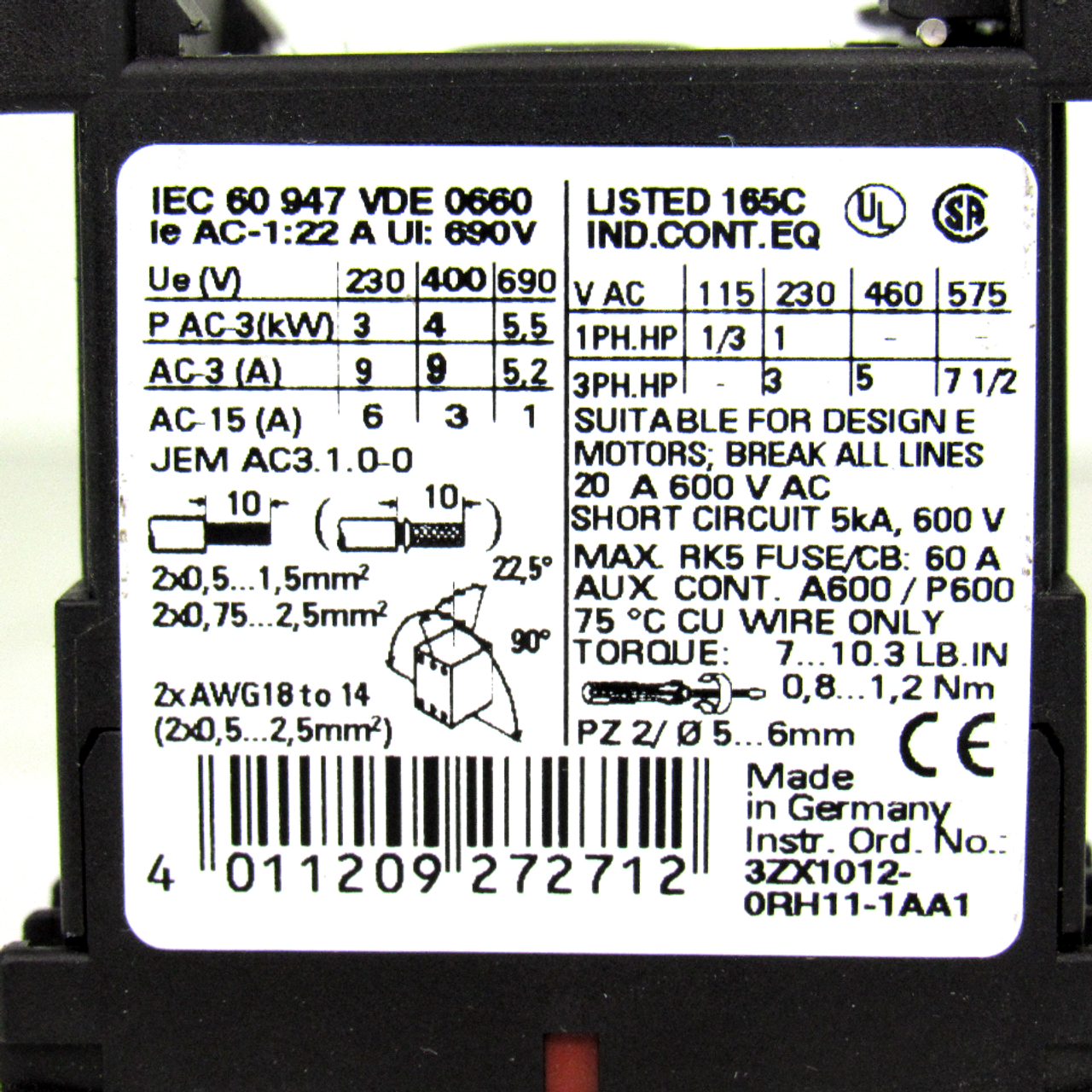 Siemens 3RT1016-1BB42 Sirius 3R Contactor, 20 Amp, 600V AC, 24V DC