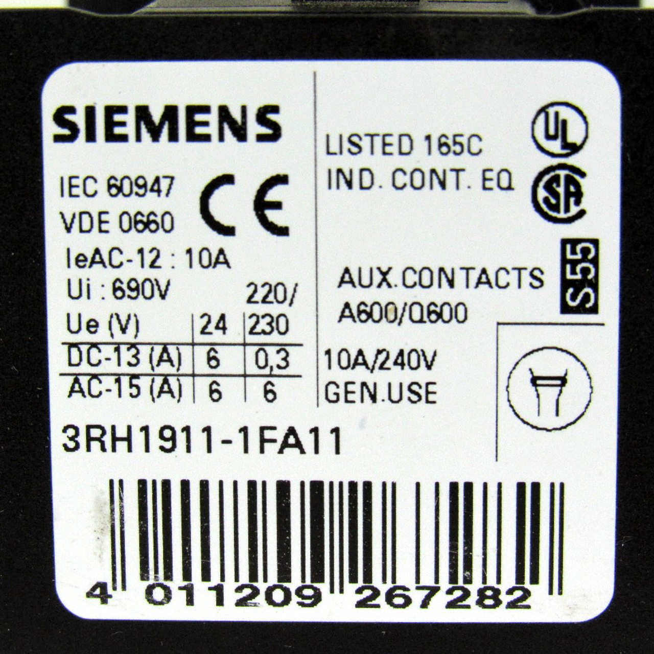 Siemens 3RH1911-1FA11 Auxiliary Switch Block, 10 Amp, 240V, 690V