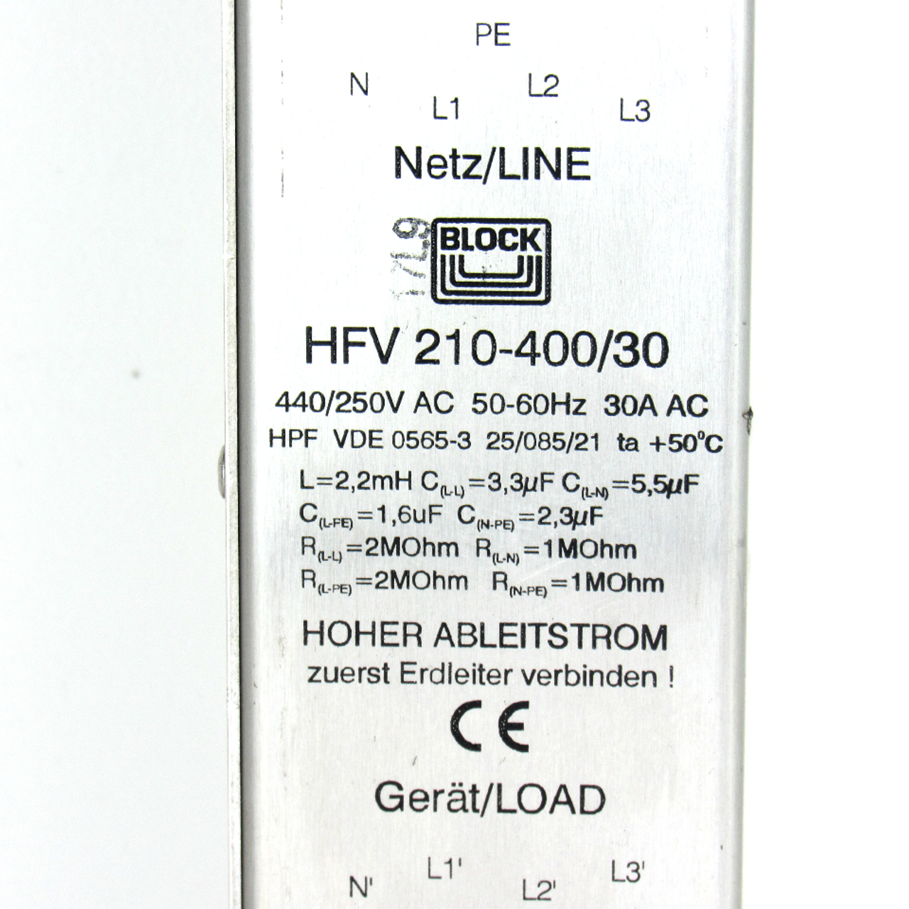 Block HFV 210-400/30 Line Filter Module, 440/250V AC, 50/60Hz, 30 Amp