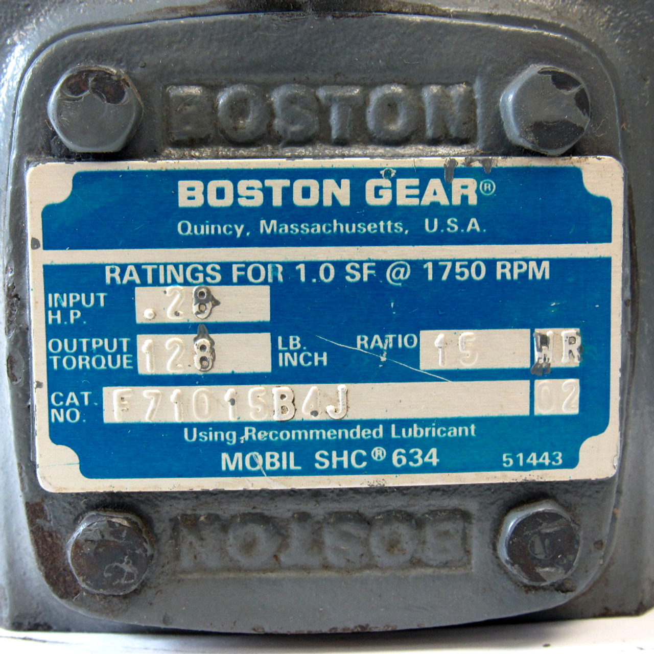 Boston Gear F71015B4J Speed Reducer, 1.0 SF @ 1750 RPM, 0.28 HP, Output Torque: 128 Lb. Inch, Ratio: 15:1