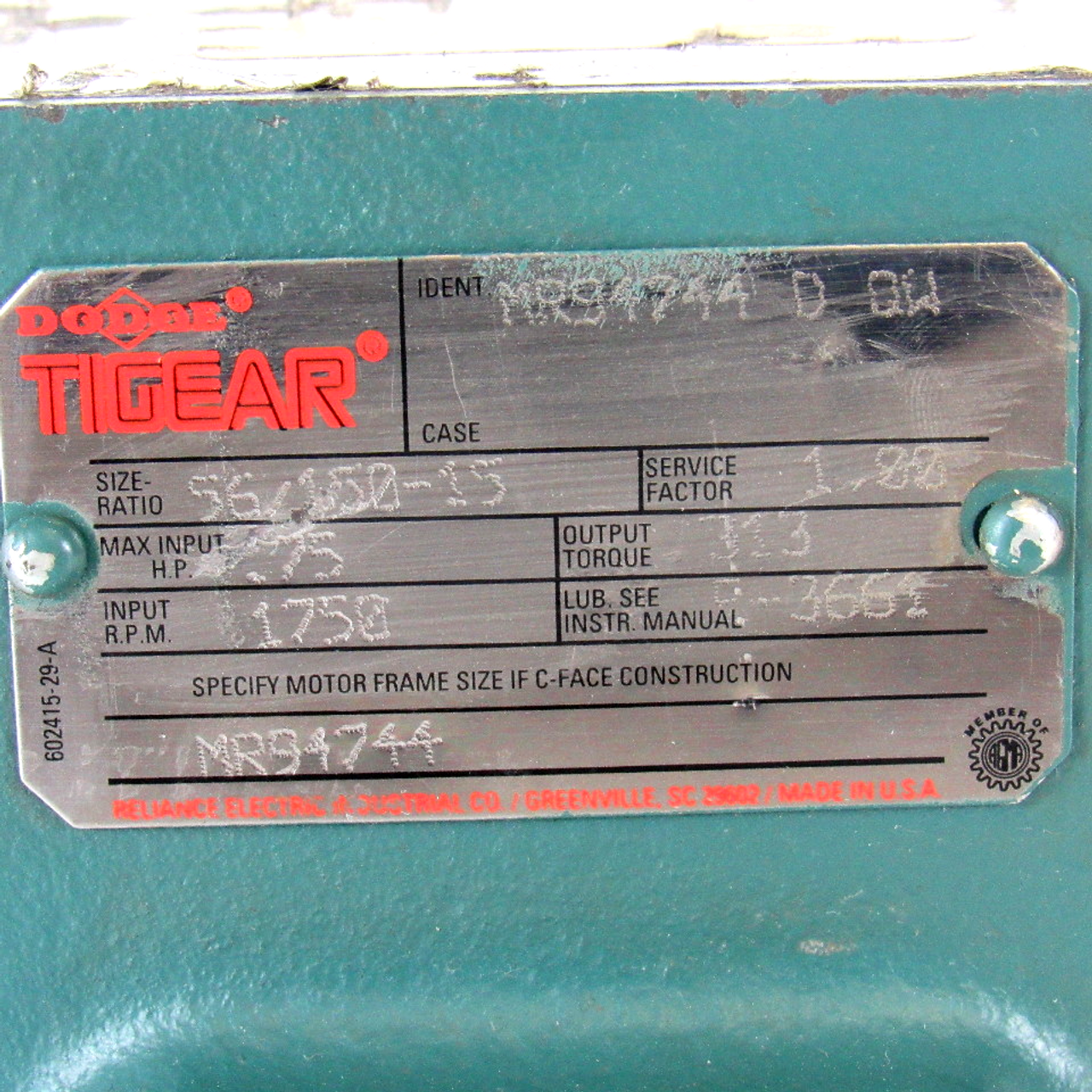 Dodge Tigear MR94744 D QW Speed Reducer, Right Angle, 56/150-15 Size-Ratio, .75 HP, 1750 RPM, Output Torque: 313