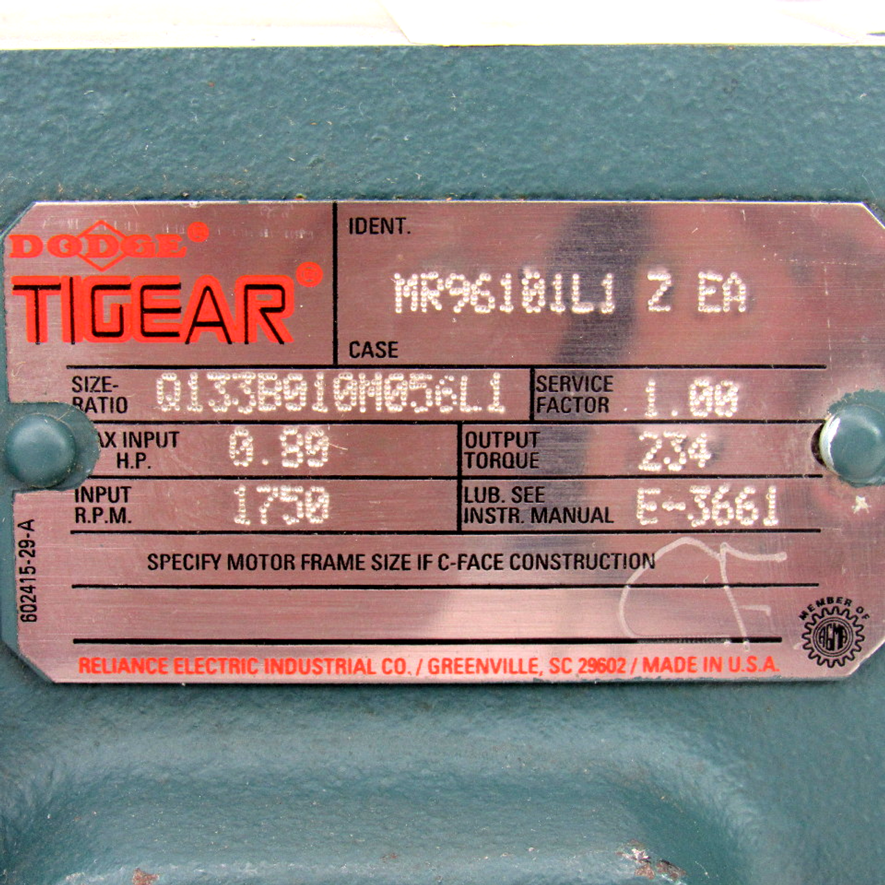 Dodge Tigear MR96101L1 Z EA Speed Reducer, 0.80 HP, Output Torque: 234, 1750 RPM