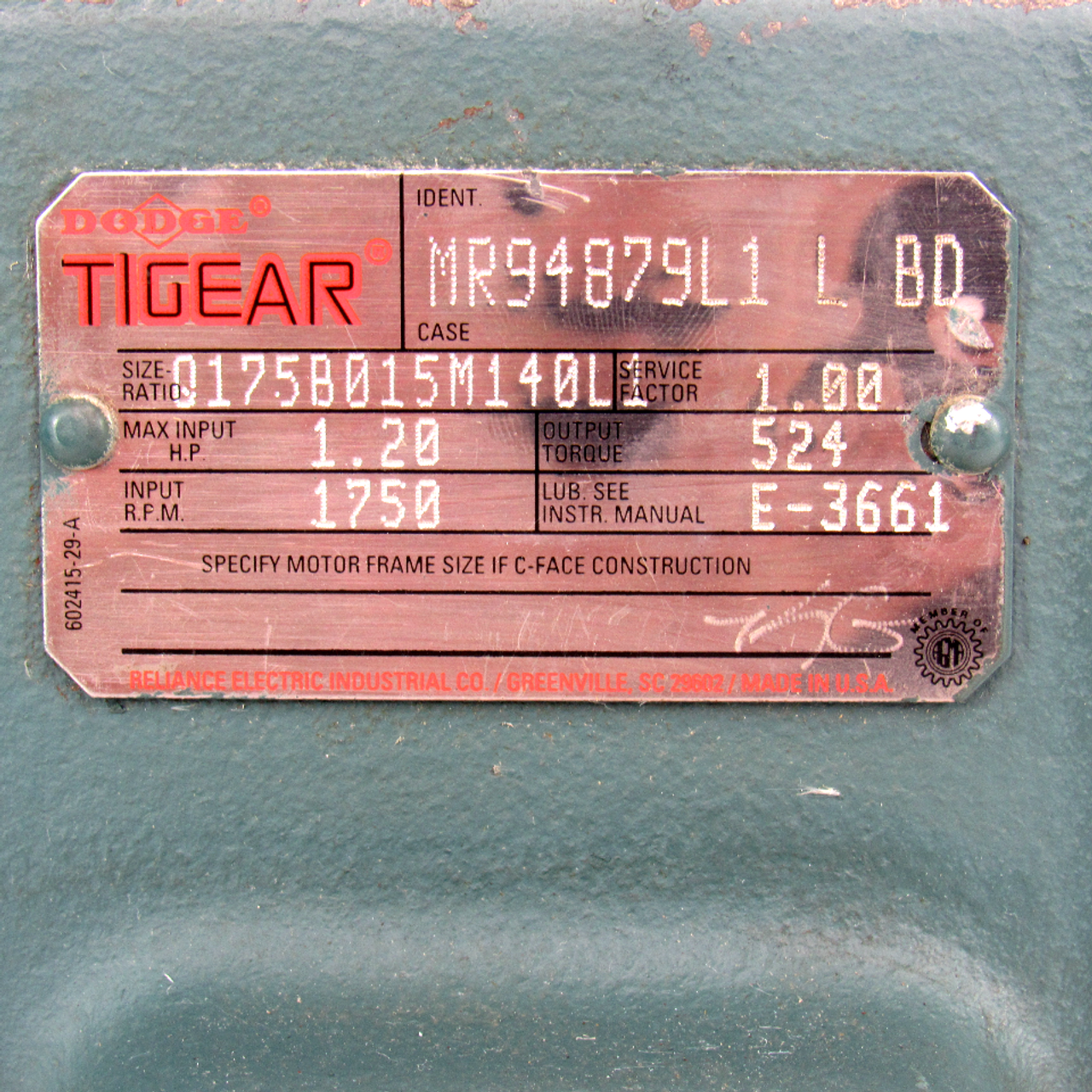 Dodge Tigear MR94879L1 L BD Speed Reducer, 15:1 Ratio, 1.20 HP, 1750 RPM, Output Torque: 524