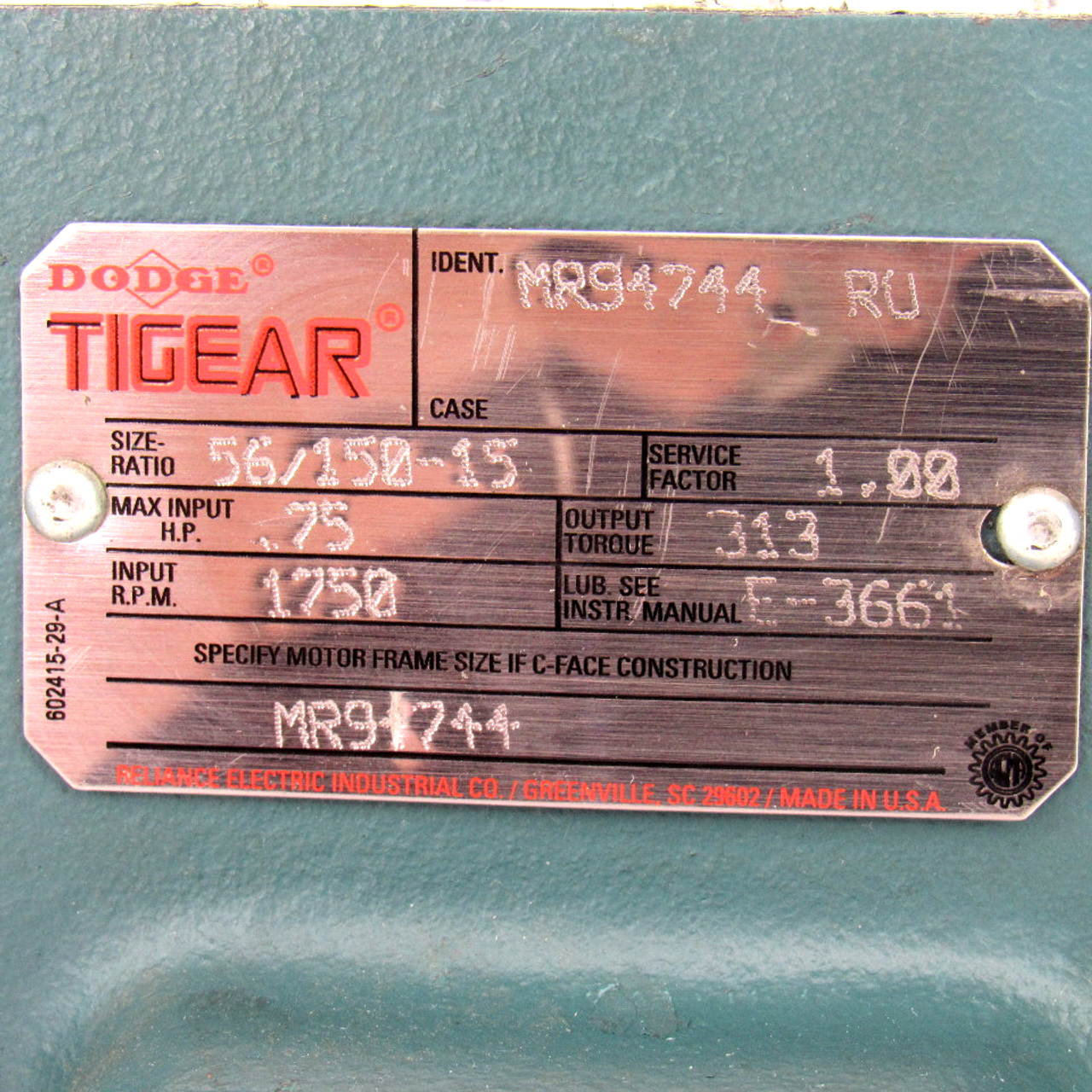 Dodge Tigear MR94744 RU Speed Reducer, .75 HP, Size-Ratio: 56/150-15, 1750 RPM, Output Torque: 313