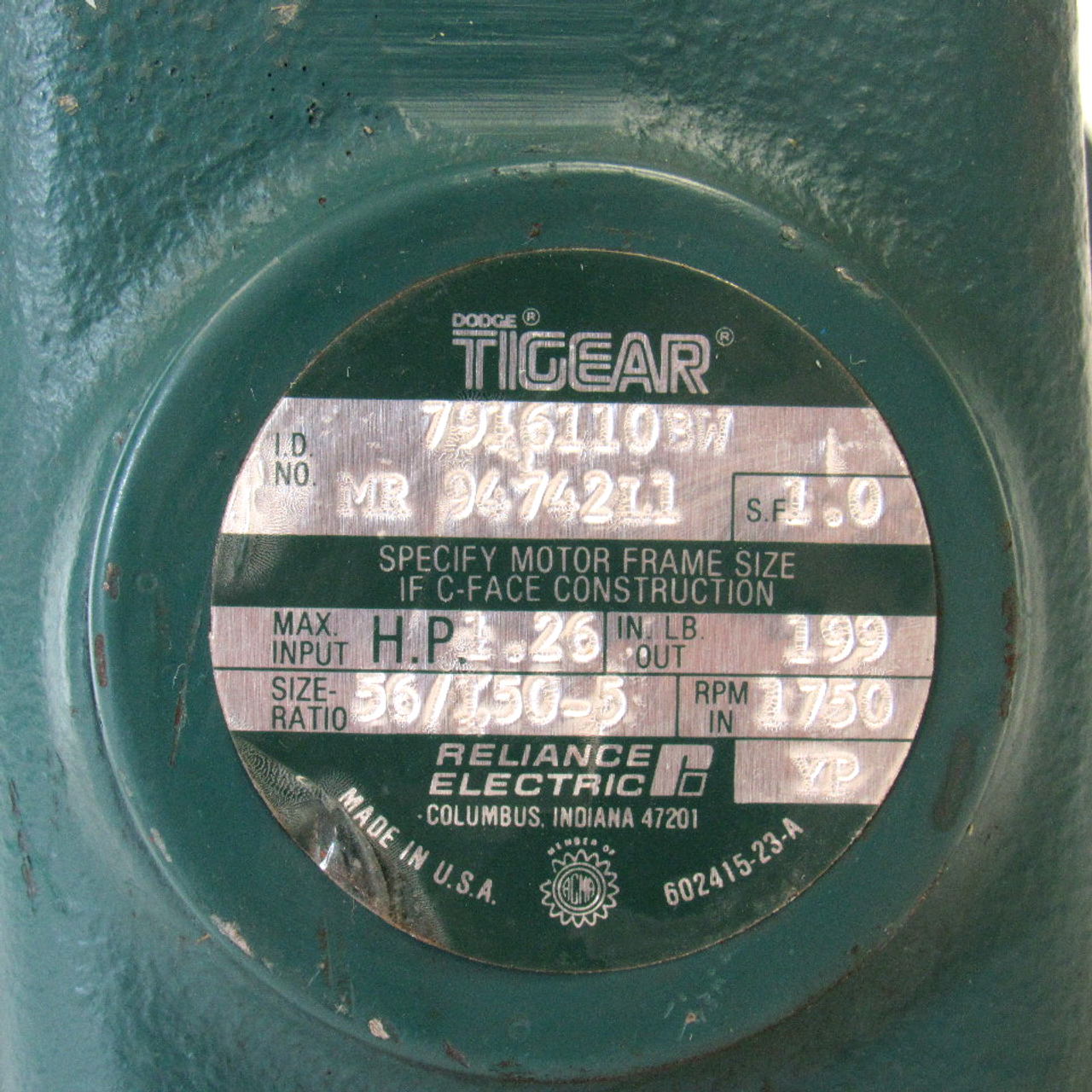 Dodge Tigear MR94742L1 Right Angle Gear Reducer, 1.26 HP, 199 In./LB Torque, 56/150-5 Size Ratio, 1750 RPM