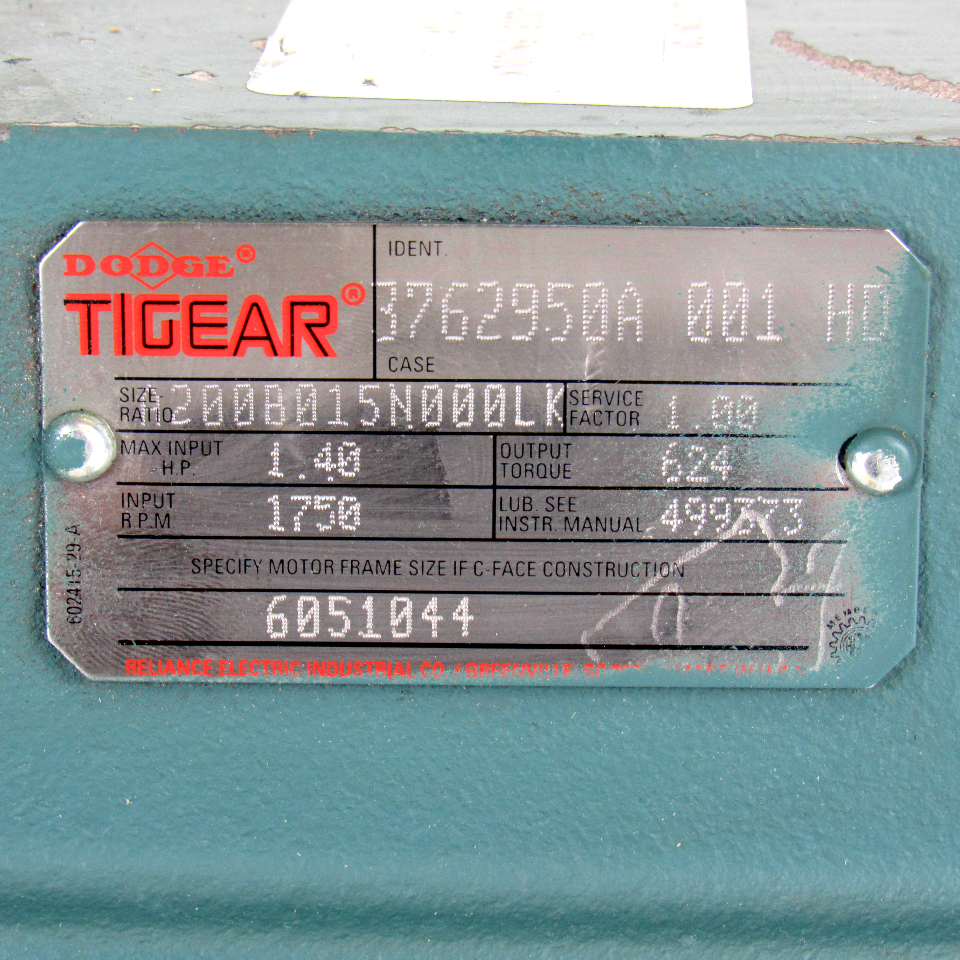 Dodge Tigear 3762950A 001 HD Gear Reducer, 1.40 HP, 1750 RPM, 624 Output Torque