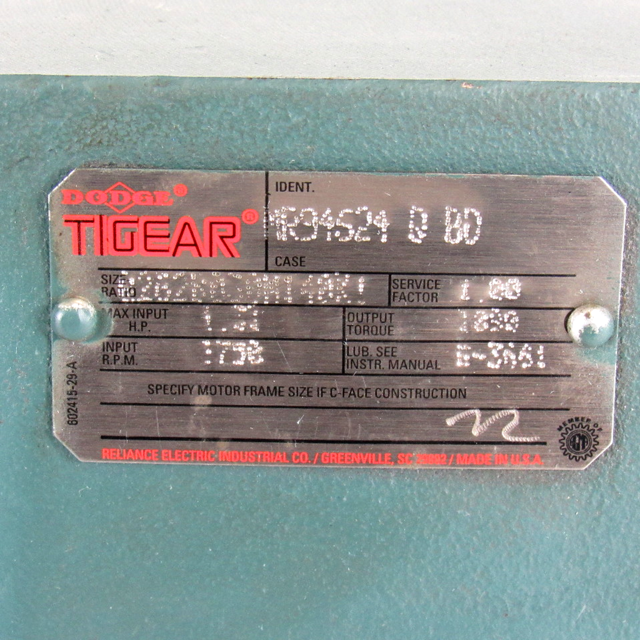 Dodge Tigear MR34624 Q BD C-Face Gear Reducer, 1.33 HP, 1090 Output Torque, 1750 RPM