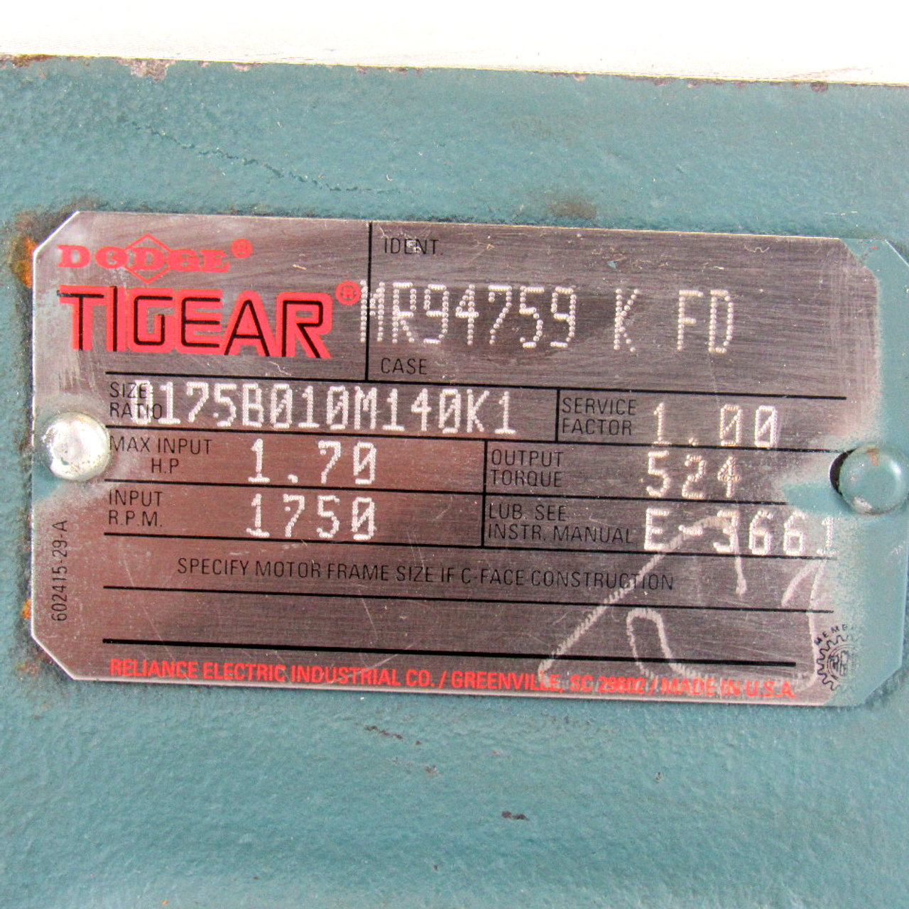 Dodge Tigear MR94759 K FD Gear Reducer, 140/175-10 Ratio, 1.70 HP, 524 Output Torque, 1750 RPM