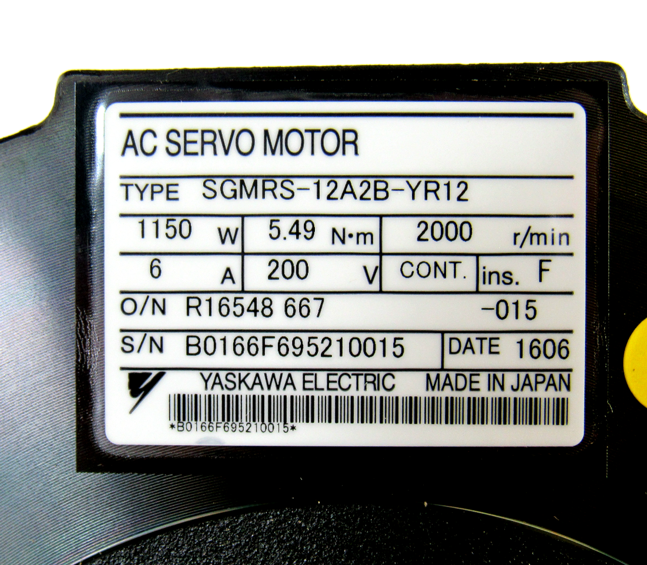 Yaskawa Electric SGMRS-12A2B-YR12 AC Servo Motor, 1150 W, 2000 r/min, 200 V, NEW