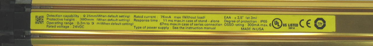 Omron F3SJ-A0380P25-L Safety Light Curtain Emitter 24VDC