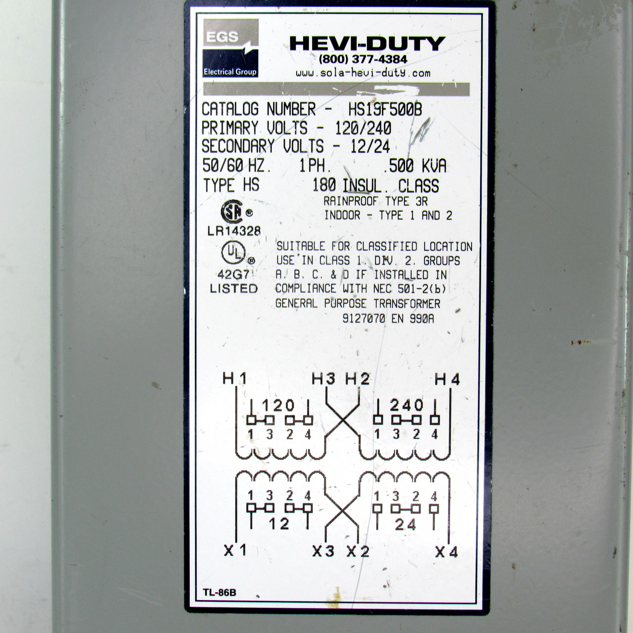 EGS HS19F500B General Purpose Transformer, .500 KVA, 120/240V, 12/24V
