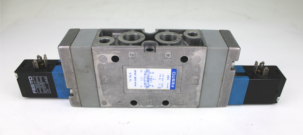 Festo MVH-5/3E-3/8B Solenoid 3 Way Valve 24Vdc Coil 3/8" Port