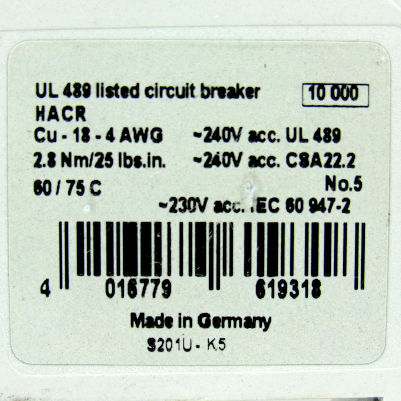 ABB S 201 U K 5 A Circuit Breaker, 240V AC, 5 A