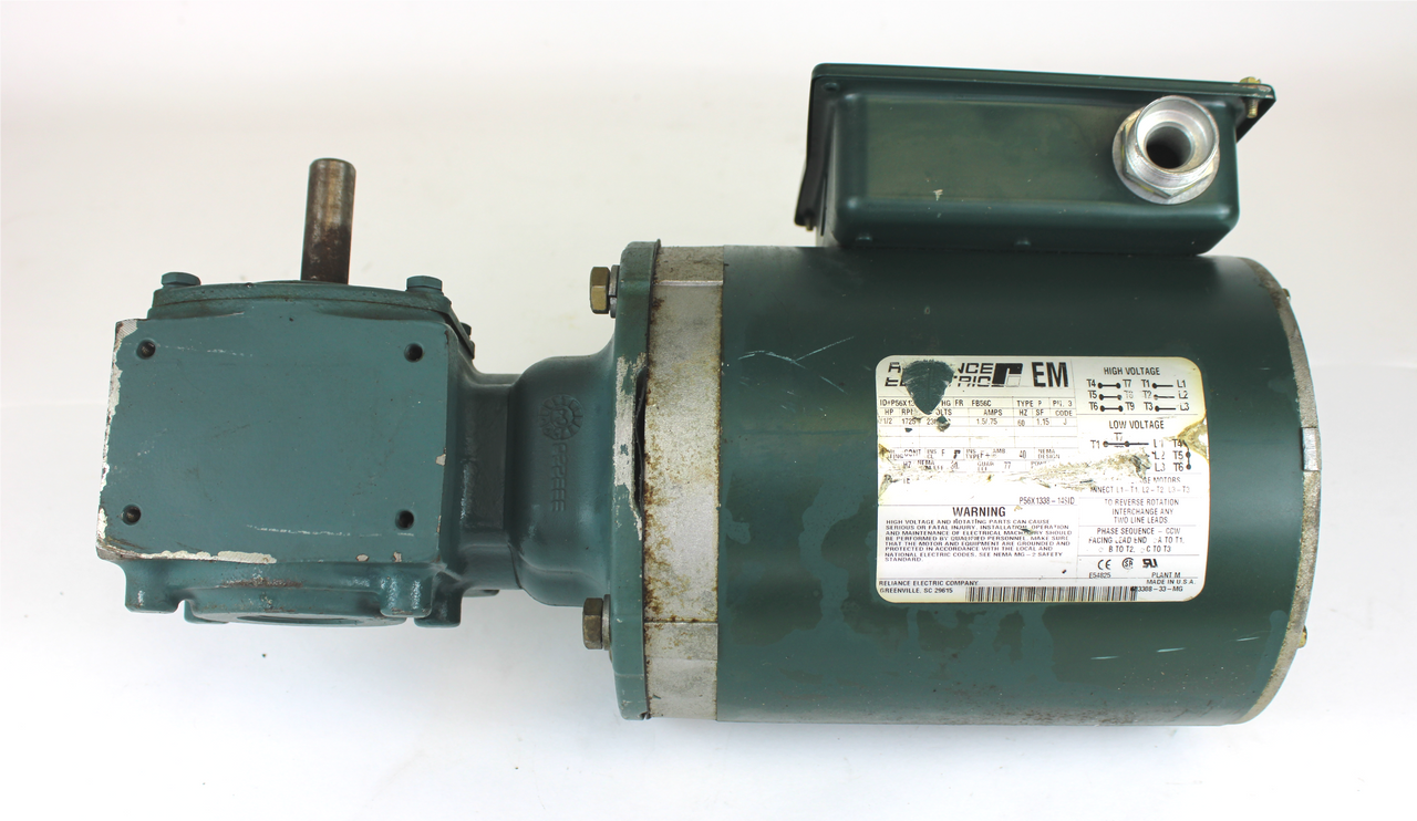 Reliance Electric P56X13 HG Electric Motor, 1/2HP, 1725RPM, 230/460V w/ Dodge Tigear MR96100 Right Angle Speed Reducer