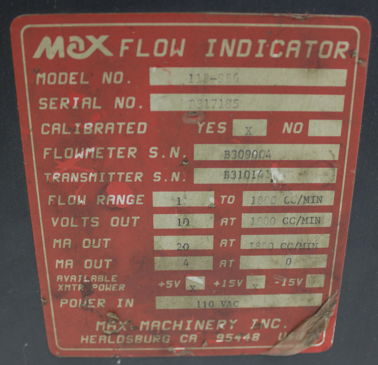 Max Machinery Inc 118-356 Max Flow Indicator