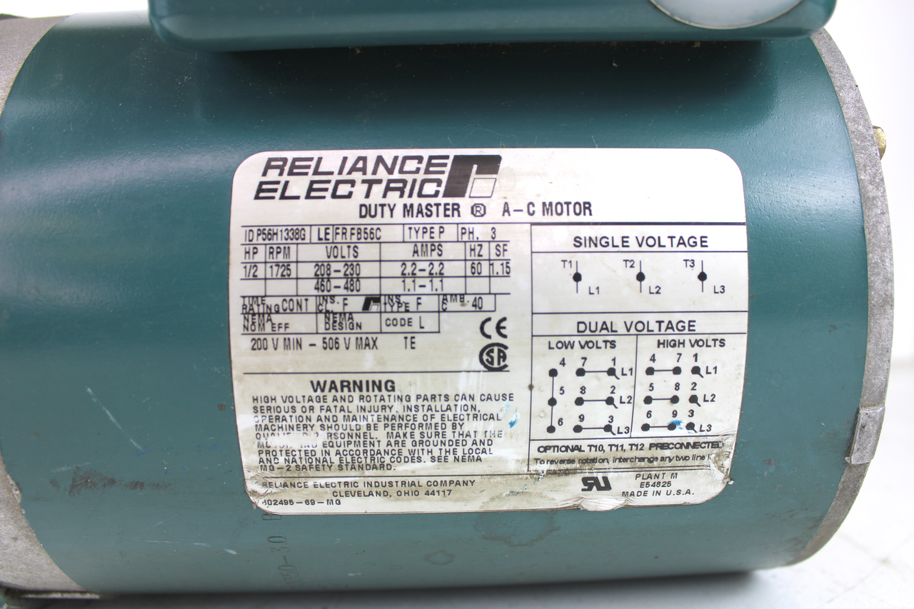 Reliance Electric P56H1338G Elec Motor 1/2Hp 1725 RPM w/Dodge Tigear 5:1 Ratio