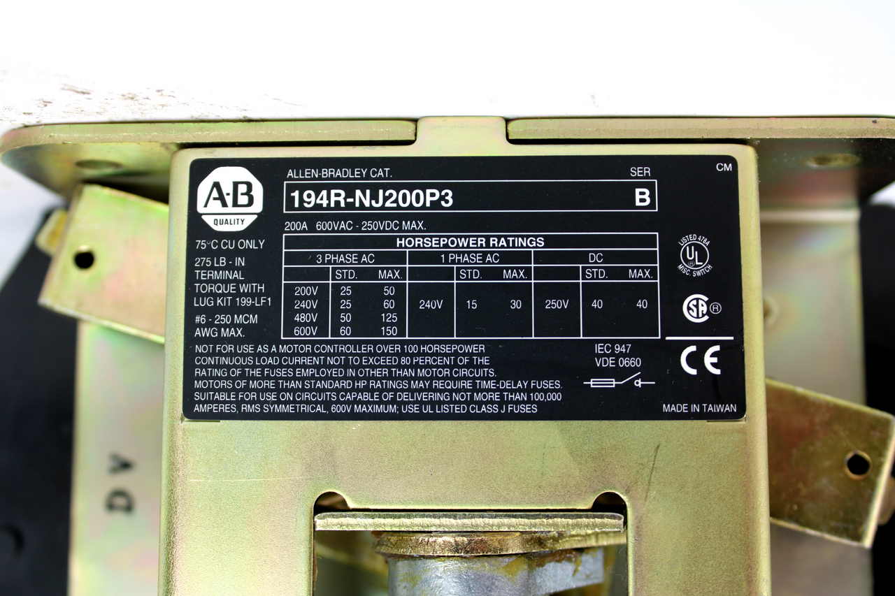 Allen Bradley 194R-NJ200P3 Ser. B Disconnect Switch, 200 Amp
